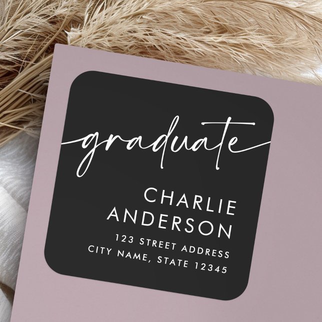 Pegatina Cuadrada Dirección de retorno de negro para graduados (Graduate graduation black return address square sticker)