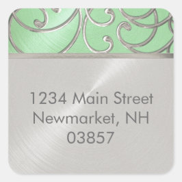 Pegatina Cuadrada Dirección de retorno Elegante Mint Green Silver Fi