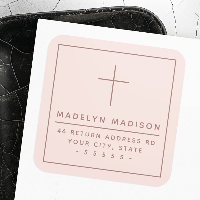 Pegatina Cuadrada dirección de retorno rosa de brillo cruzado minima (Minimalist cross light blush pink return address square sticker)