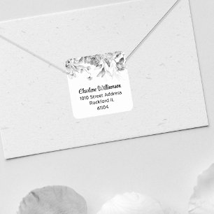 Pegatina Cuadrada Dirección floral elegante en negro y blanco con ac