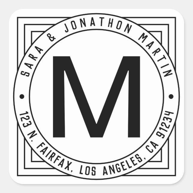 Pegatina Cuadrada Dirección inicial y de retorno de apellido retro-m (Anverso)
