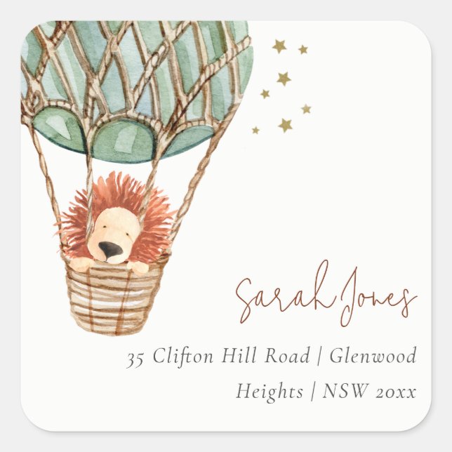 Pegatina Cuadrada Dirección mágica del león Eco Green Hot Air Balloo (Anverso)