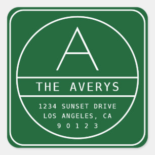 Pegatina Cuadrada Dirección moderna de devolución y monograma   Verd