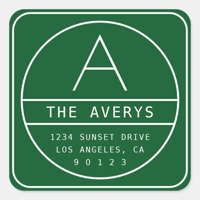 Pegatina Cuadrada Dirección moderna de devolución y monograma | Verd (Anverso)