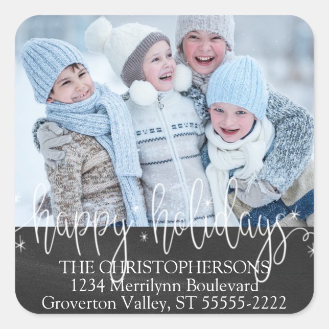 Pegatina Cuadrada Direcciones de devolución de foto con guión blanco (Anverso)