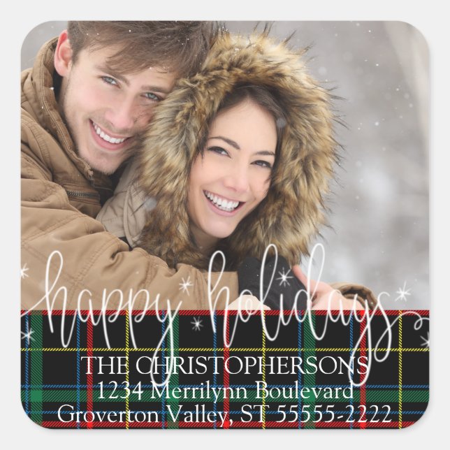 Pegatina Cuadrada Direcciones de devolución de foto con guión blanco (Anverso)