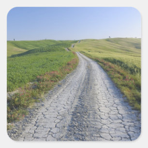 Pegatina Cuadrada Dirt Road a través de Fields and Hills, Val d'Orci