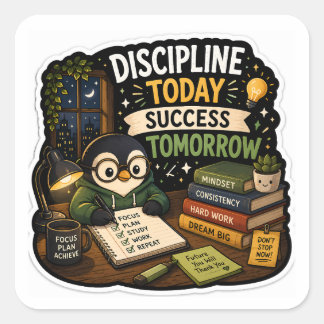 Pegatina Cuadrada Disciplina Hoy, Éxito Mañana – Estudia Pingüino
