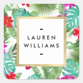 Pegatina Cuadrada Diseñador de Acuarela de Estampado Tropical Chic