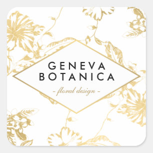 Pegatina Cuadrada Diseñador de Patrón Floral Dorado Vintage sobre Bl