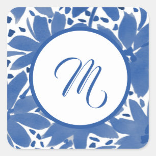Pegatina Cuadrada Diseño acuarela Floral azul monogramado