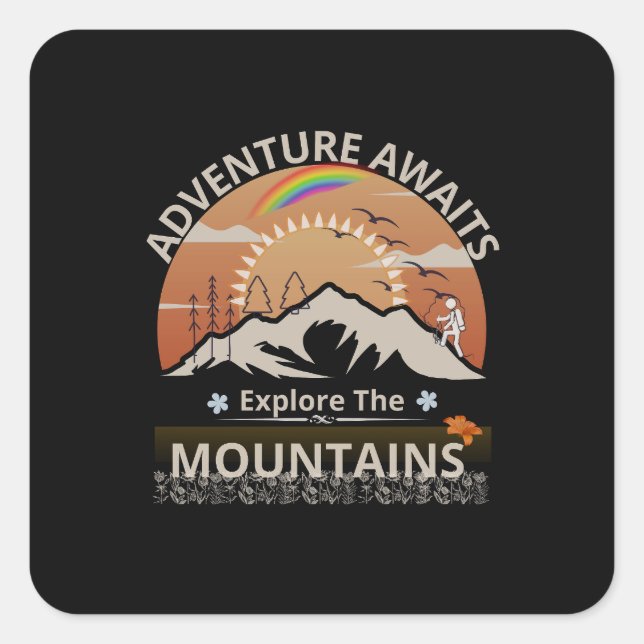 Pegatina Cuadrada Diseño "Adventure Awaits-Explore the mountain" (Anverso)