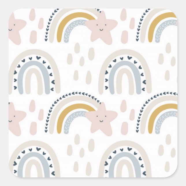 Pegatina Cuadrada Diseño Arcoíris Boho Colores Neutros (Anverso)