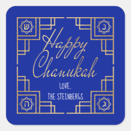 Pegatina Cuadrada Diseño Art Deco Chanukkah Blue and Gold