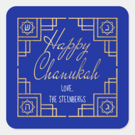 Pegatina Cuadrada Diseño Art Deco Chanukkah Blue and Gold