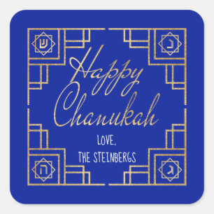 Pegatina Cuadrada Diseño Art Deco Chanukkah Blue and Gold