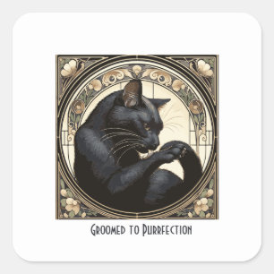 Pegatina Cuadrada Diseño Art Nouveau de limpieza de gatos negros