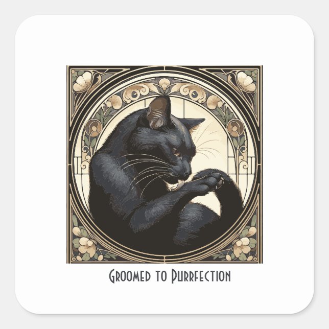 Pegatina Cuadrada Diseño Art Nouveau de limpieza de gatos negros (Anverso)