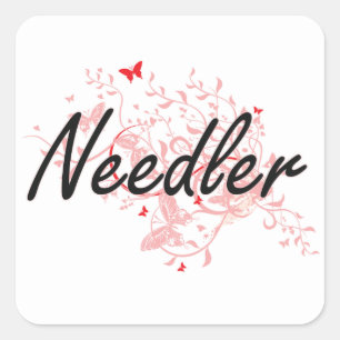 Pegatina Cuadrada Diseño artístico de trabajo Needler con mariposas