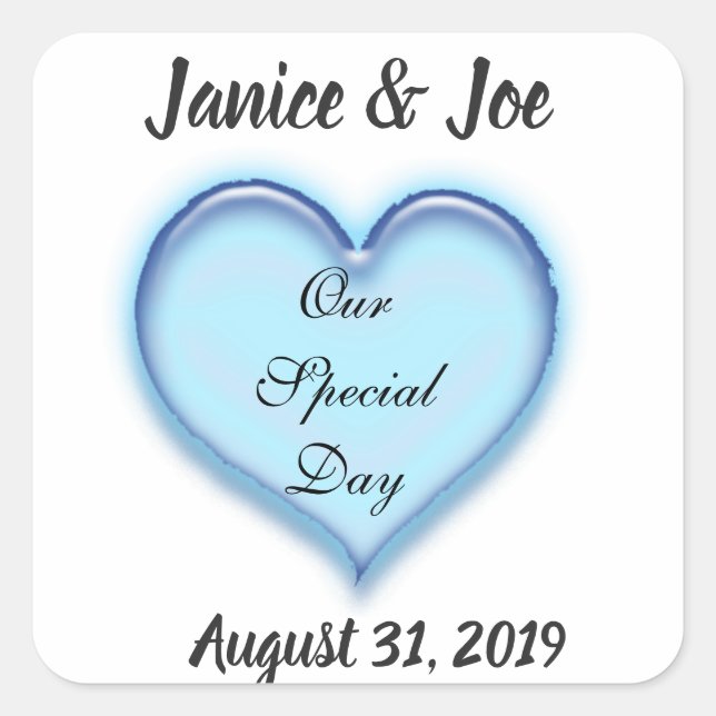 Pegatina Cuadrada Diseño cardíaco personalizado Boda azul (Anverso)