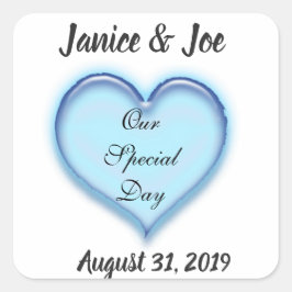 Pegatina Cuadrada Diseño cardíaco personalizado Boda azul