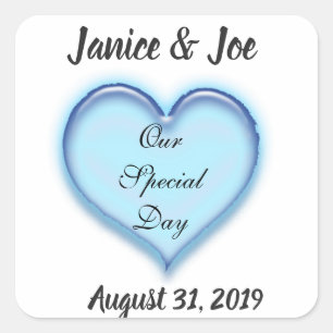 Pegatina Cuadrada Diseño cardíaco personalizado Boda azul