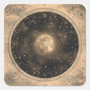 Pegatina Cuadrada Diseño celestial ruso vintage de luna llena