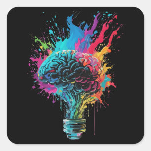 Pegatina Cuadrada Diseño cerebral con explosión colorida de bombilla