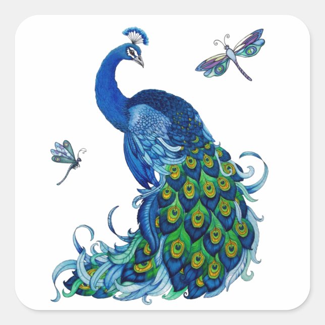 Pegatina Cuadrada Diseño clásico de pavo real y libélula (Anverso)