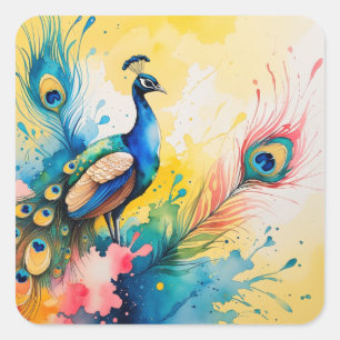 Pegatina Cuadrada diseño colorido de pavo real