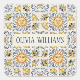 Pegatina Cuadrada Diseño Costero Italiano de Baldosas de Limón Medit