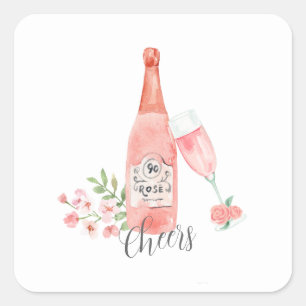 Pegatina Cuadrada Diseño de acuarela floral y vino rosado.