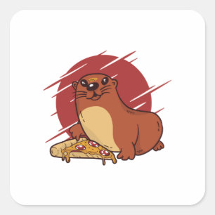 Pegatina Cuadrada Diseño de adorable cría de nutria comiendo delicio