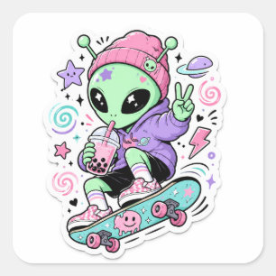 Pegatina Cuadrada Diseño de alienígena skater lindo