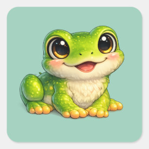 Pegatina Cuadrada Diseño de animal Kawaii de rana linda con ojos gra