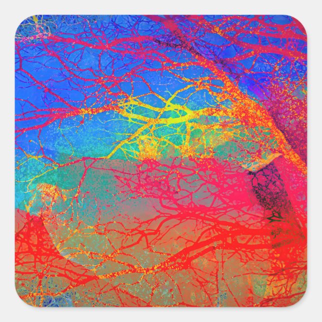 Pegatina Cuadrada Diseño de árbol abstracto en rojo y azul (Anverso)