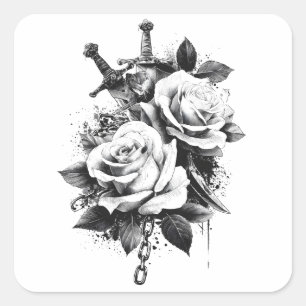 Pegatina Cuadrada Diseño de arte de tatuaje blanco y negro de alto c