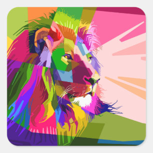 Pegatina Cuadrada Diseño de arte pop prismático colorido de león