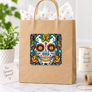 Pegatina Cuadrada Diseño de arte popular floral de cráneo de azúcar