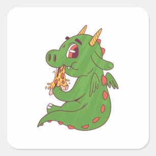 Pegatina Cuadrada Diseño de bebé dragón comiendo una deliciosa porci
