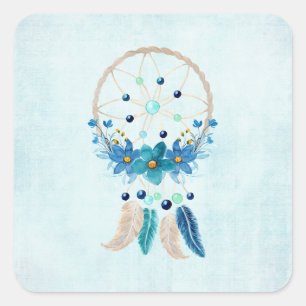 Pegatina Cuadrada Diseño de Boho estilo Blue Dreamcatcher