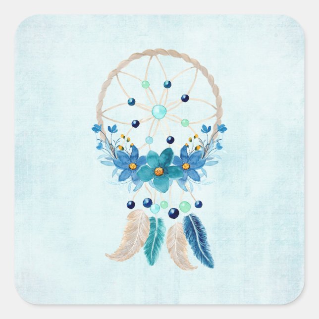 Pegatina Cuadrada Diseño de Boho estilo Blue Dreamcatcher (Anverso)