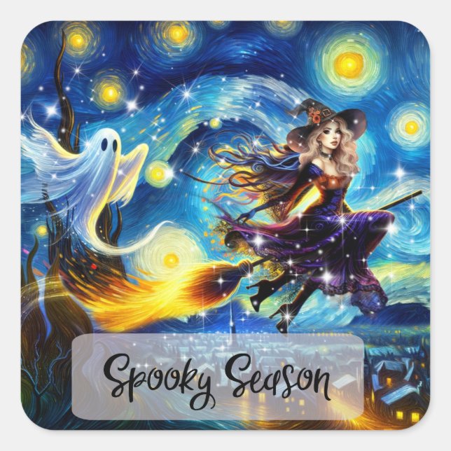 Pegatina Cuadrada Diseño de bruja de Halloween de Noche Estrellada (Anverso)