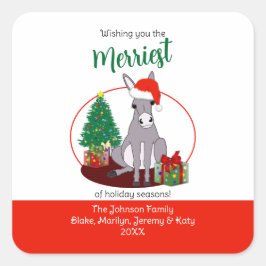 Pegatina Cuadrada Diseño de burro con Navidades de Santa Hat