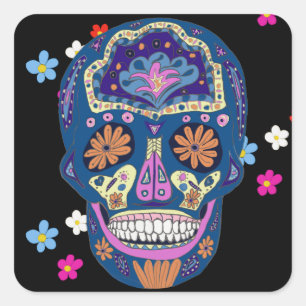 Pegatina Cuadrada Diseño de Calavera de Azúcar