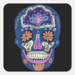 Pegatina Cuadrada Diseño de Calavera de Azúcar