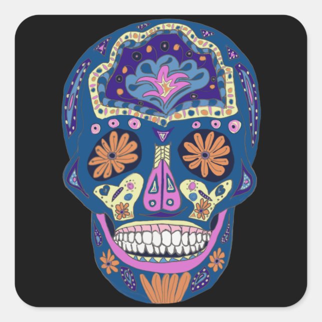 Pegatina Cuadrada Diseño de Calavera de Azúcar (Anverso)