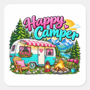 Pegatina Cuadrada Diseño de Camping Feliz Campista