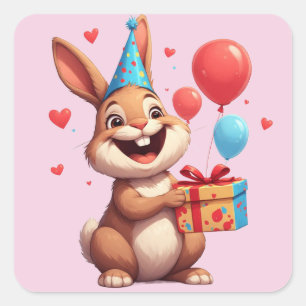Pegatina Cuadrada 🐇 Diseño de Celebración de Cumpleaños de Conejo A