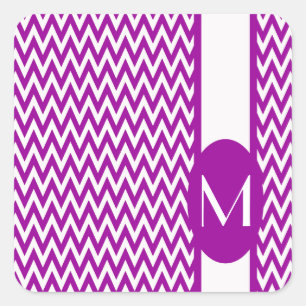 Pegatina Cuadrada Diseño de Chevron Purple Elegante con monograma